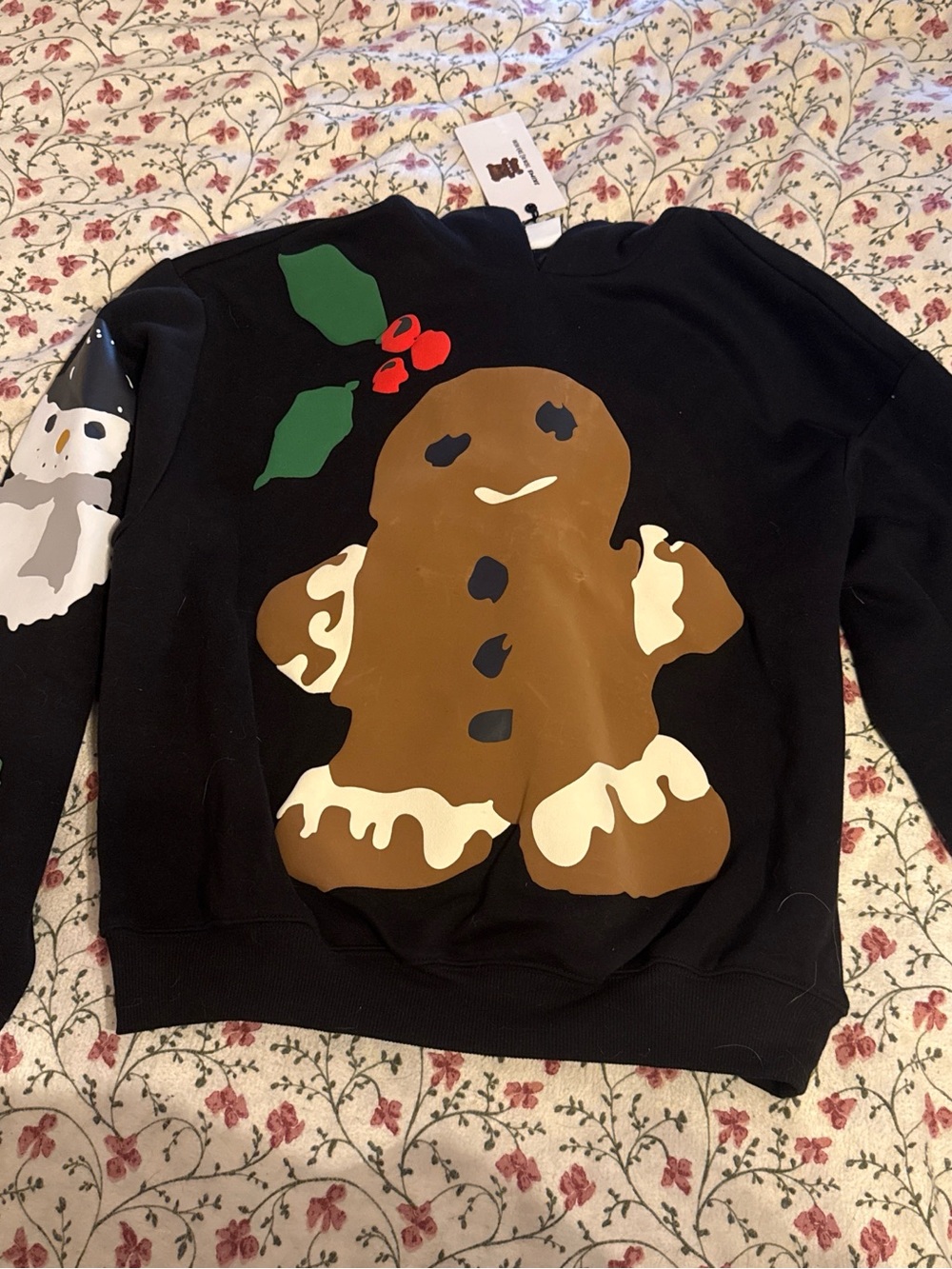 SKIMS Black Sweatshirt with Gingerbread Graphic and Green Red Accents
